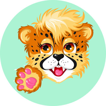 Vector Cute Cheetah Baby Face With Nice Soft Paw On Light Blue Background. Cartoon Animalistic Design For Print On T-shirt, Textile, Stickers, Notebook Cover.