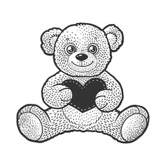 Teddy bear toy wirh heart valentine day gift sketch engraving vector illustration. T-shirt apparel print design. Scratch board imitation. Black and white hand drawn image.