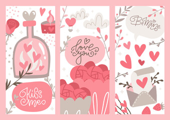 Set of Story templates for social media. Retro vintage Valentine's Day theme. Vector flat Illustration with hearts, flowers and branches in pastel colours. Background for stories.