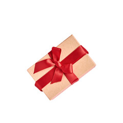 Beautiful gift box with red ribbon isolated on white. Valentine day greeting card. Top view.