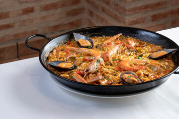 Spanish seafood Paella ,with crayfish, squid, mussel and prawn