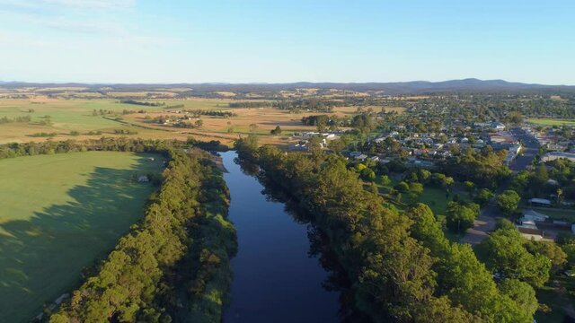 Aerial view of Snowy River and Orbost township in Victoria, Australia at sunset