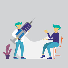 modern flat people character. The vaccinator is getting ready to vaccinate the patient, the doctor is carrying a big inject. ideal for websites, landing pages, UI, mobile applications, posters.