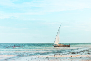Beautiful seascape with sailing boat at low tide