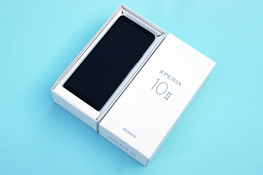 Box with new smartphone SONY Xperia 10 II Blue Berry.