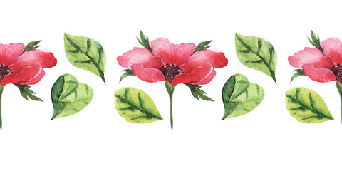 Watercolor seamless  border with rosehip plant. Leaves, twigs, flowers and buds