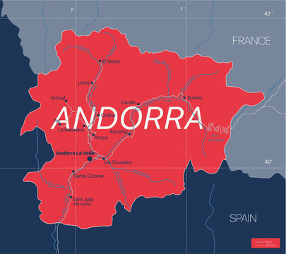 Andorra country detailed editable map with cities and towns, roads. Vector EPS-10 file