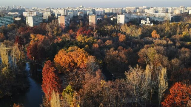 View of the Titan park from the drone with multiple yellowed and red trees, reflecting sky, residential buildings, Bucharest, Romania