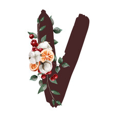 Capital letter V with leaves, cotton, berry and orange in watercolor style. Suitable for postcards, invitations, gifts, brochures, websites etc.