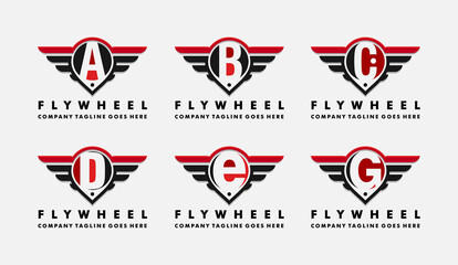 vector cars logo illustration. wheel and wings with letter A,B,C,D,E,F,G