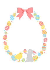 Easter decoration. Easter frame of colored easter eggs, rabbit and chick on white background with space for text.