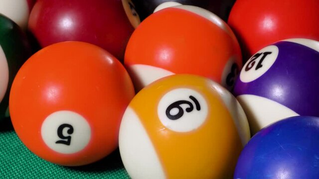 Close up Camera moves forward above billiard balls being