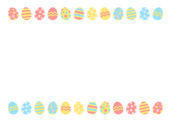 Easter decoration. Easter frame of colored easter eggs on white background with space for text.
