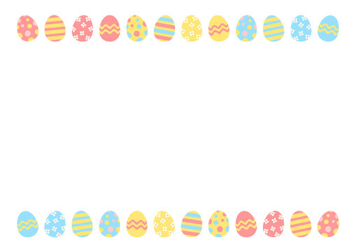 Easter decoration. Easter frame of colored easter eggs on white background with space for text.