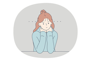Boredom, laziness, negative emotions concept. Young frustrated stressed sad girl cartoon character sitting thinking and feeling unhappy with thoughts on mind vector illustration