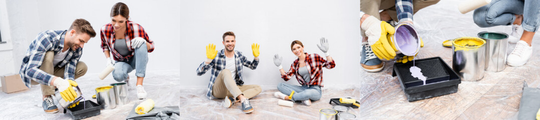 collage of smiling young couple showing gloves and pouring paint from tin at home, banner