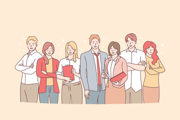 Business team, brainstorm, cooperation concept. Group of young smiling business workers standing with documents in team together in office and looking at camera vector illustration 