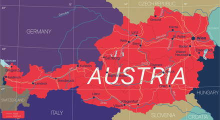 Austria country detailed editable map with cities and towns, roads and railways. Vector EPS-10 file