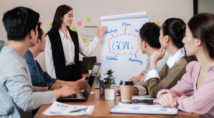 Portrait businesspeople standing by white board and giving presentation to colleagues during meeting in conference room. explaining something meeting to colleagues. Project results.