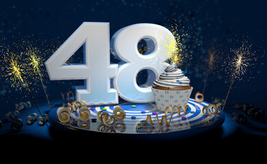 48th birthday or anniversary cupcake with big white number with yellow streamers on blue table with dark background full of sparks. 3d illustration