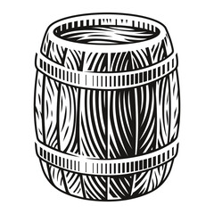 A black and white vector illustration of a wooden barrel in engraving style on a white background.