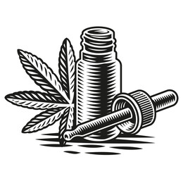 Cannabis oil vector illustration in engraving style on white background