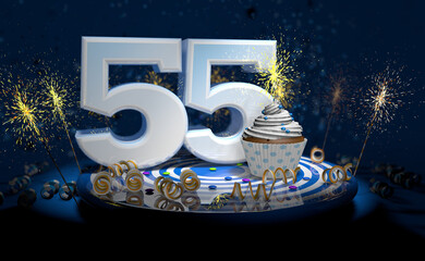 55th birthday or anniversary cupcake with big white number with yellow streamers on blue table with dark background full of sparks. 3d illustration