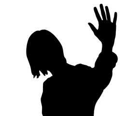 Black female silhouette wearing facial mask showing raised open palm. as a symbol of consent or support, a symbol of voting, a symbol of elections, a sign of well-being