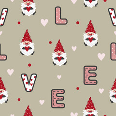 Valentines day seamless pattern with cute gnomes. Love vector illustration
