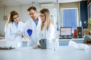 Researchers in protective workwear standing in the laboratory and analyzing liquid samples at ion chromatography equipment