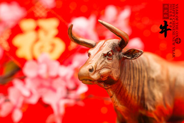 Tradition Chinese golden ox statue,2021 is year of the ox,Chinese characters translation:...