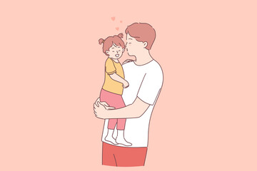 Happy father and daughter concept. Young positive father cartoon character holding little daughter on hands and kissing her with love and tender vector illustration 