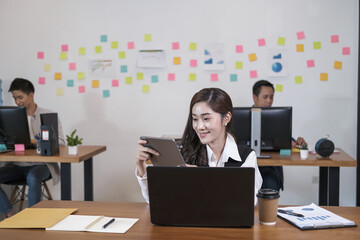 Group young of business start up of enterprise, Meeting of new company. Businessman and businesswoman growth launch concept.They work hard according to the conceptual plan to achieve their goals.