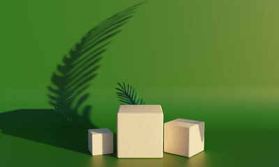 Wood podium. backdrop for product display with tropical leaves. 3d rendering
