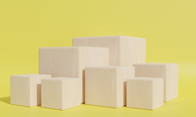 Obraz premium Wood podium with yellow wall. backdrop for product display. 3d rendering