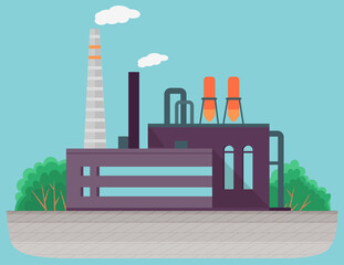 Energy production industry. Vector illustration of thermal power station for production of electrical energy with chimneys industrial buildings. Industrial plant on nature background with trees