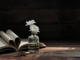 Beautiful Chrysanthemum morifolium Ramat flowers in small glass bottle and blurred a Book page...