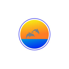 Silhouette of two dolphins jumping out of water in the ocean.