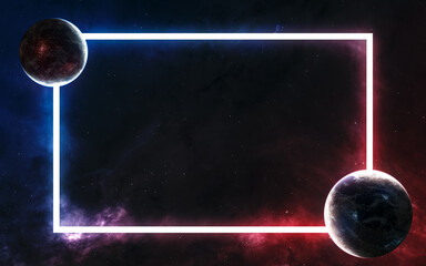 Deep space planets with blue and red frame background. Science fiction. Elements of this image...