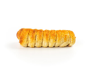 One bread with Sausage on white background. Isolated picture. Homemade bakery concept.