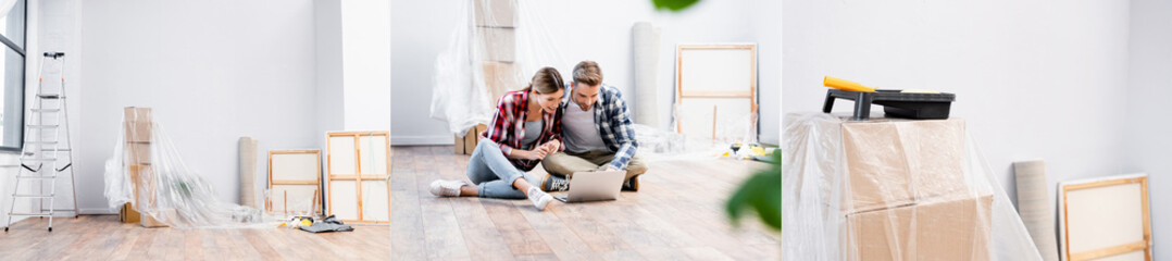 collage of smiling couple looking at laptop, paint roller and tray, pictures, ladder and cardboard...