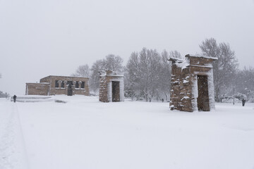 Temple of Debod covered in snow during the Madrid historic snowfall and coronavirus pandemic