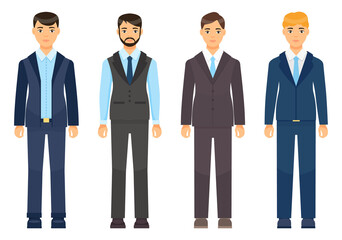 Collection of vector cartoon characters. Businessman wearing suit or costume with coat, tie, shirt, vest, trousers. Dresscode of adult business person. Different style costumes. Men clothing