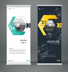 Abstract composition. White roll up brochure cover design. Info banner frame. Text font. Title sheet model set. Modern vector front page. City view brand flag. Hexagon figures icon. Ad flyer fiber