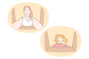 Delivery, parcel, present concept. Young smiling women cartoon characters looking at bottom of box and taking out present or gift vector illustration 