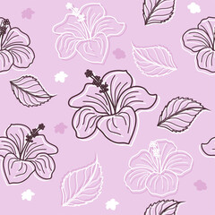 Seamless pattern with contour hibiscus flowers on a beige background. Beautiful floral background. Can be used for textiles, book covers, packaging, wedding invitations. Vector illustration.