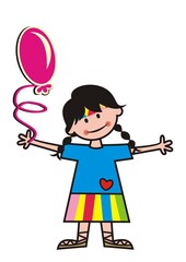 Girl with purple balloon, funny vector illustration. Smiling kid holds balloon. 