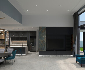 Sitting room combined with dining room, open plan elegant design Ideas, 3D illustration