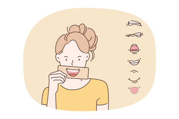 Facial and lips expressions concept. Face of young positive girl trying different mouth lips shapes and expressions from happiness to sadness emoji avatars vector illustration 