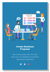 People create business proposal. Colleagues make decisions at meeting. Website landing page template. Characters study business statistics. Manager shows the data on a flipchart vector illustration
